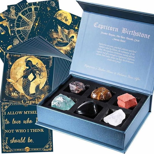 Faivykyd Capricorn Crystals Gifts - 6 Capricorn Zodiac Stones w/50 Miracle Mantras Affirmations Cards, Spiritual Gifts for Positive Energy, Self-Love & Wealth