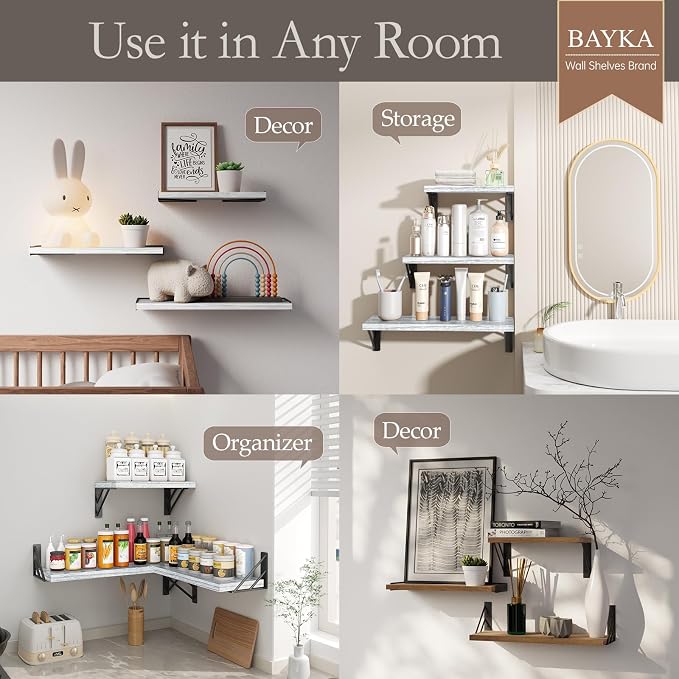 BAYKA Wall Shelves for Bedroom Decor, Floating Wall Shelves for Living Room Kitchen Storage, Mounted Rustic Wood Floating Shelves for Kids Books,Corner Shelves for Bathroom(Gray White，Set of 3)