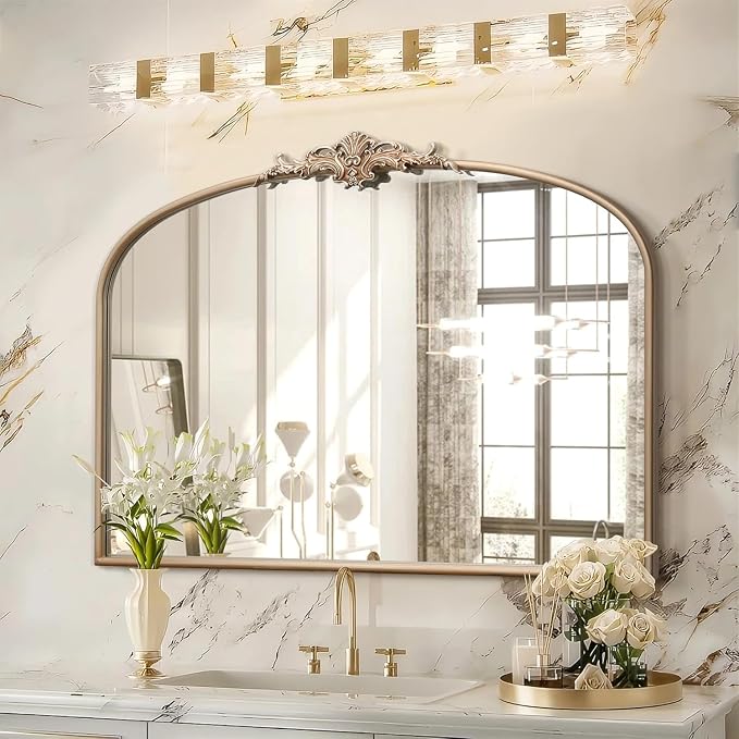 Besdomus Vintage Arched Gold Mirror: 40"x29" Large Champagne Decorative | Antique Baroque Metal Frame Mirrors - Traditional Ornate for Entryway/Dresser/Fireplace/Bathroom - Ideal for Home Renovations