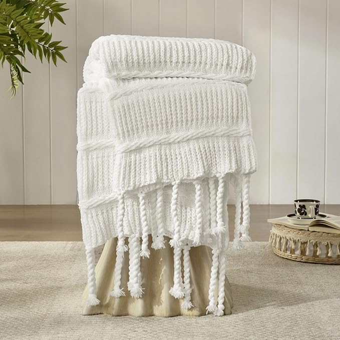 Boho Knitted Chenille Blanket with Tassels - Lightweight & Soft All-Season Throw - 3D Classic Pattern for Living Room Bedroom Couch, Cloud White, King 90"x108"