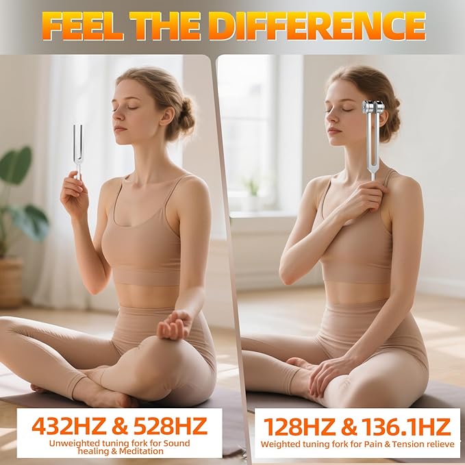 Tuning Forks for Healing(128Hz, 136.1Hz, 432Hz, 528Hz),Medical-Grade Weighted & Unweighted Tuning Forks Set with Vegan Leather Pouch &Activator, for Chakra/Sound Therapy/Yoga/Meditation