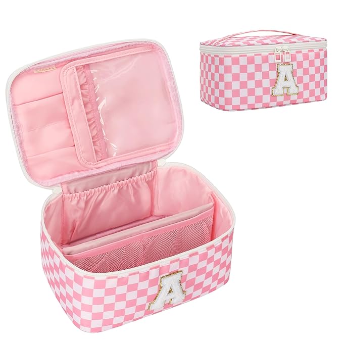 OCHEAL Makeup Bag Valentines Day Gifts for Women, Monogram Cosmetic Bag Pink Travel Makeup Case Beauty Toiletry Bag Organizer Personalized Gifts for Girl Teens Bridesmaid Sister Wife Friends Initial A
