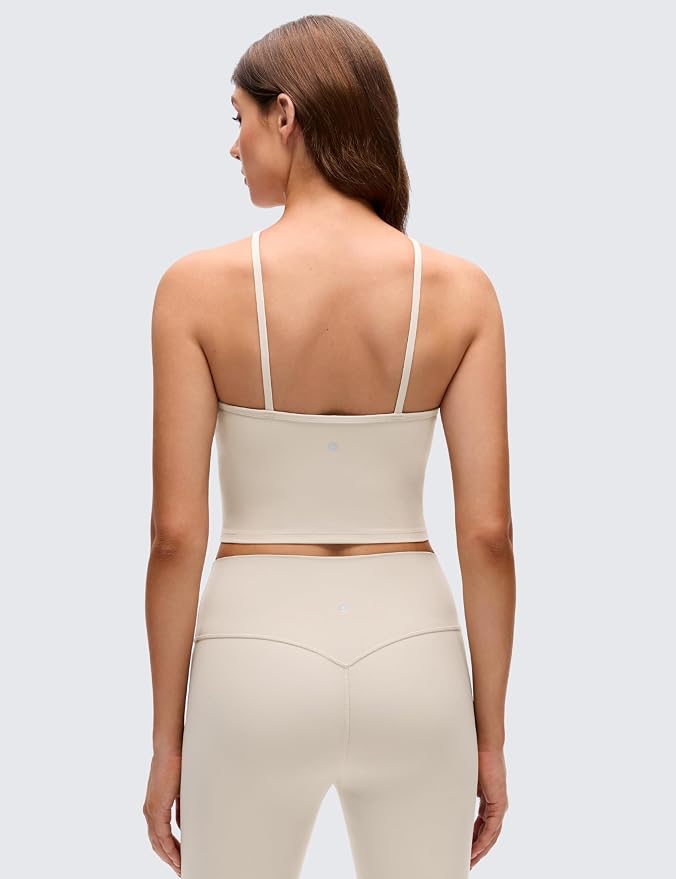 CRZ YOGA Butterluxe Cross Neck Crop Tank Tops for Women - Spaghetti Straps Square Back Padded Yoga Sports Bras