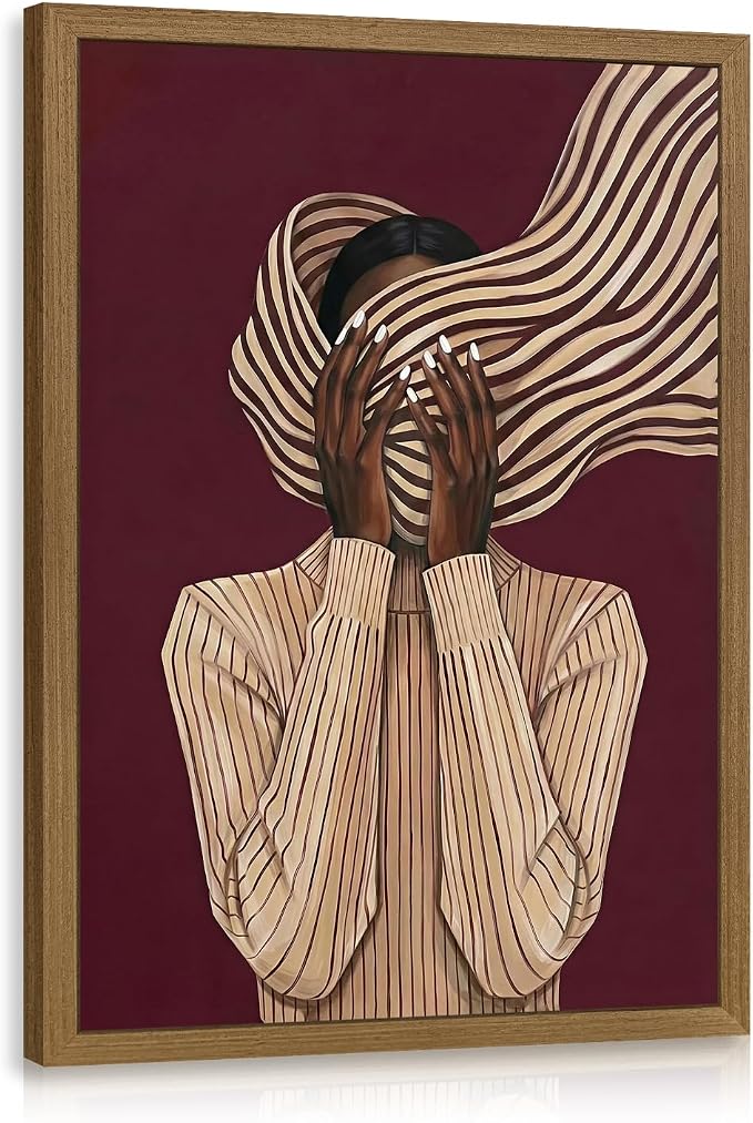 VziizV African American Woman Wall Art, Abstract Modern Portrait Canvas Print, Minimalist Striped Fashion Artwork, Contemporary Black Woman Decor for Living Room Bedroom Wood Framed 12x16 Inch