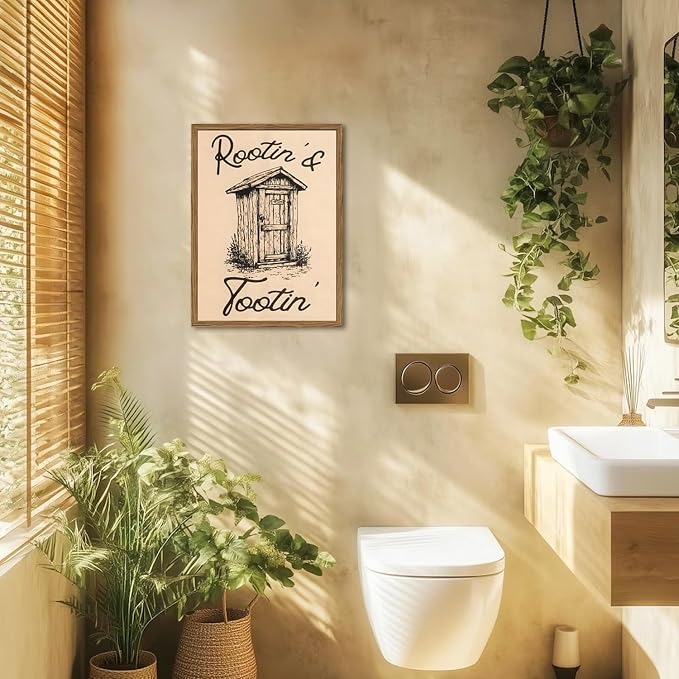 Cute Western Bathroom Wall Art Vintage Southwest Rustic Restroom Wall Decor Painting, Western Cowboy Ranch Toilet Rootin Tootin Poster Canvas Print Picture 12x16 inch Wood Framed