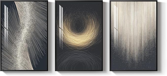 Large Framed Black and Gold Modern Luxury Abstract Wall Art for Living Room, 3 Piece Brights Prints Paintings Artwork for Walls, Sparkle Pictures for Entryway Dining Bedroom Wall Decor 24x36 In