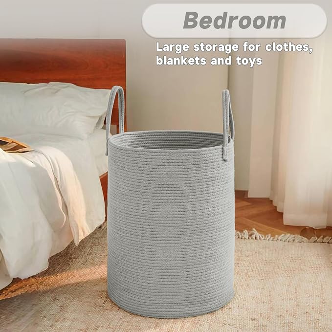 JMvicyroam 60L Cotton Rope Laundry Basket Hamper, Grey | Collapsible laundry basket, reinforced handles, freestanding, machine washable, holds 3-5 thick blankets, clothes or toys