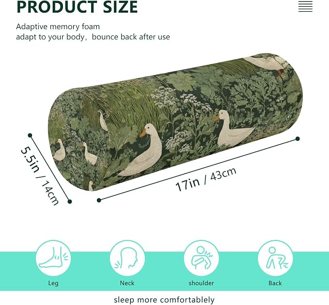Duck Grass Neck Roll Pillow Bolster Round Health Memory Foam Long Cervical Cylinder Pillows with Removable Washable Cover for Body Bed Legs Back Yoga