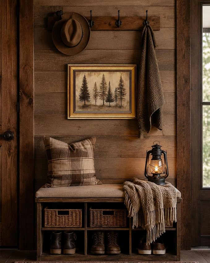 Gold Framed Wall Art, Vintage Pine Trees Canvas Prints, Rustic Nature Woodland Landscape Picture Wall Decor, Country Farmhouse Cabin Artwork for Living Room Bedroom 12x16 inch