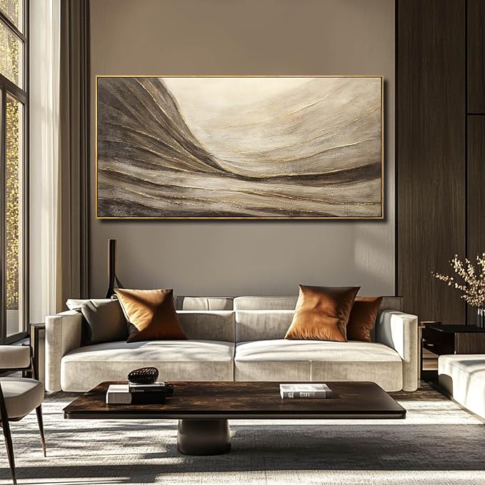 Framed Brown Gold Abstract Wave Canvas Wall Art for Living Room 24x48 Inch
