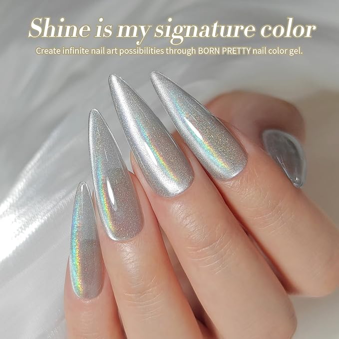Born Pretty White Glitter Cat Magnetic Eye Gel Nail Polish, Holographic Glitter Iridescent Polish Soak Off Manicure Salon DIY Gifts 15ML