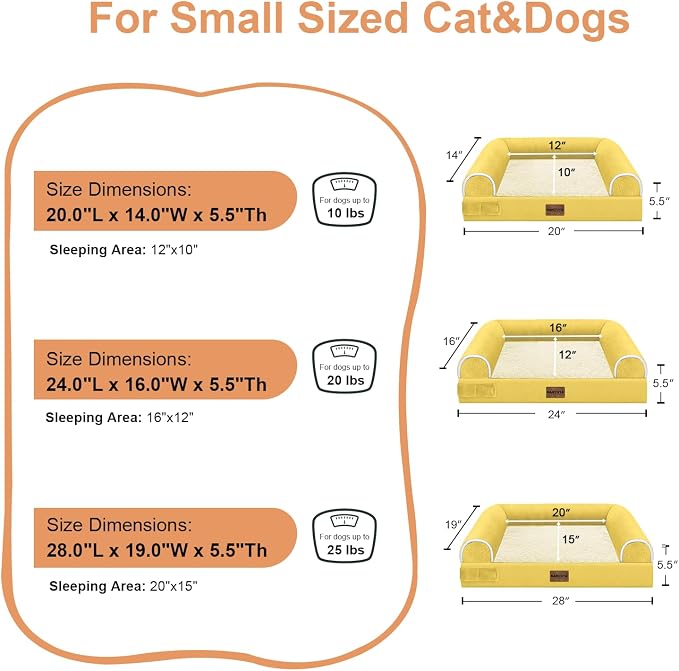 Orthopedic Dog Bed for Small Dogs, 24 x 16 Inch, Ginger | Egg crate foam for joint support, 3-sided bolster pet sofa, waterproof lining, washable cover, and non-skid base