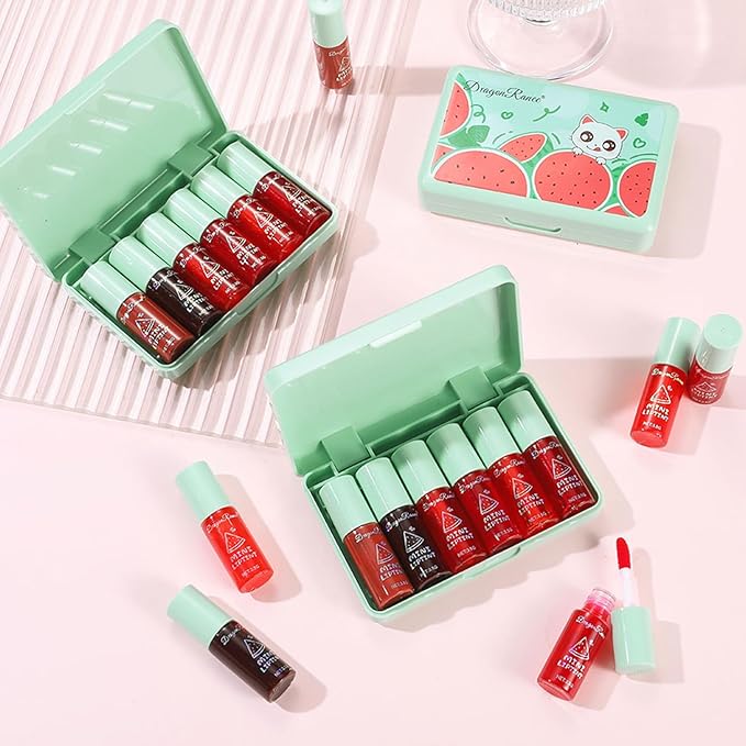 6 Colors Watermelon Lip Stain Set, Korean Velvet Watery Lip Tint Moisturizing Mini Liquid Lip Gloss, Lipstick for Women, Blush for Cheeks, St. Patrick’s Day Gift, Easter, Long-Lasting, High Pigment