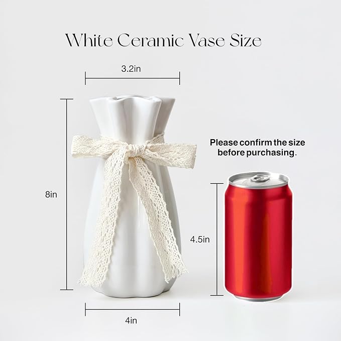 White Ceramic Flower Vase, 8 in Modern Decorative Vases for Home Decor | Minimalism Boho Vases for Centerpieces, Unique Vase for Famhouse Table Bedroom Living Room Office Wedding Farmhouse Decor