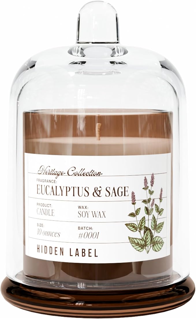 Hidden Label Eucalyptus & Sage Candle, 10oz Soy Bell Jar, 55H Aromatherapy | 60 Hours Burn | Mountain Fresh Essential Oils | Non Toxic Plant Wax | Clear Glass Dome Home Decor | Focus & Wellness Gift