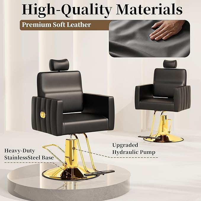 Baasha Reclining Gold Salon Chair with Adjustable Headrest, All-Purpose Hydraulic Styling Chair, Soft PU Leather, Heavy-Duty Steel Frame, 440 lbs Capacity, for Haircut, Braiding & Tattoo