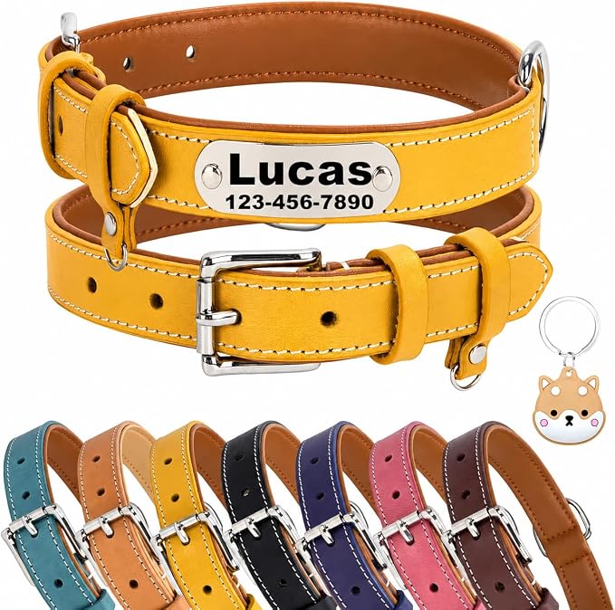 Personalized Genuine Leather Dog Collar with Name Phone Number-Yellow-XS