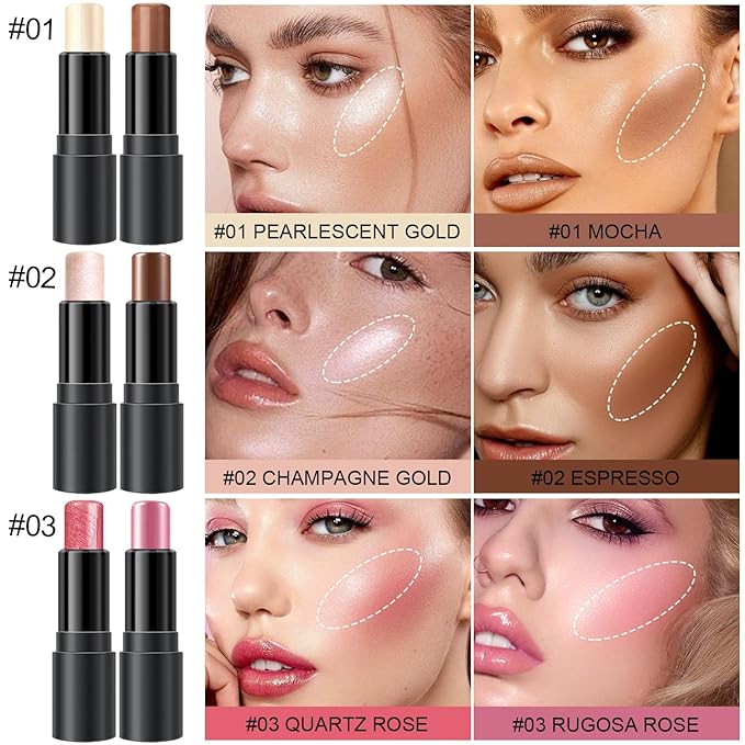 6 Colors Cream Contour Stick Makeup Kit, Shades with Highlighter, Blush and Double-End Bronzer Contour Stick for Sculpt the Cheeks, Long Lasting, Waterproof, Matte & Dewy Finish(SET A)