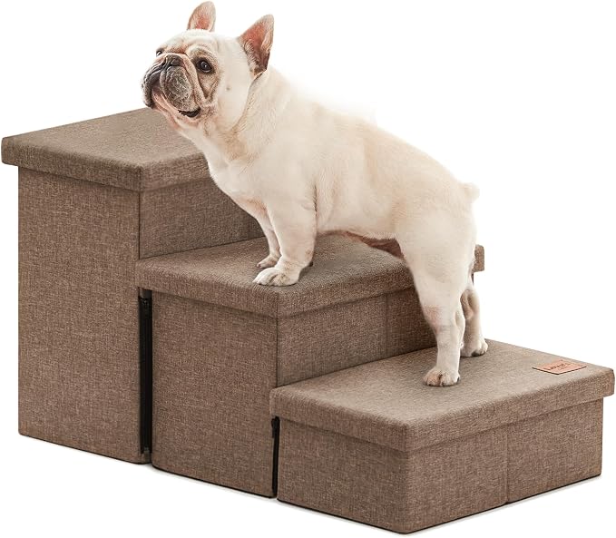 Love's cabin Dog Stairs for High Bed, Foldable Pet Stairs for Small Medium or Large Dogs Puppy with Storage for Bed or Couch, Cat Dog Steps Ramp with Zip up to 200 lbs, Light Brown, 3 Steps