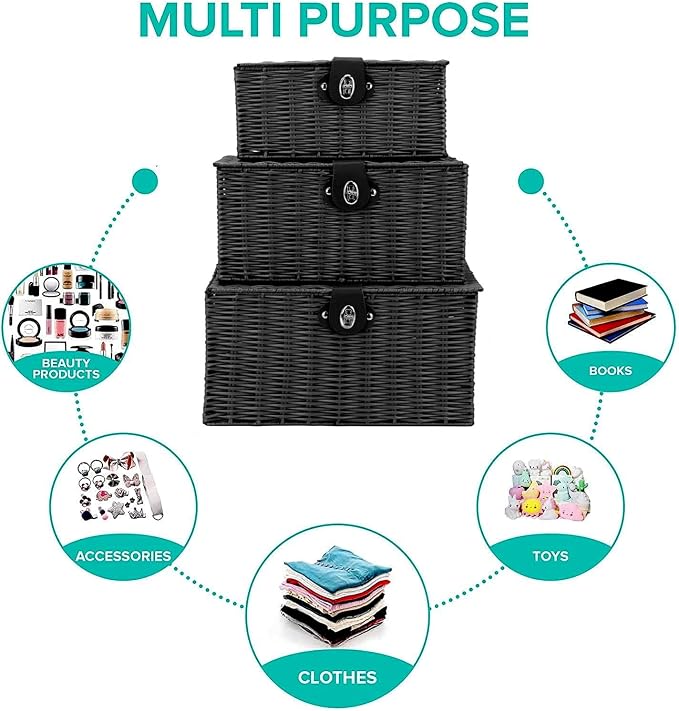 Set of 3 Woven Wicker Storage Basket Box with Lids & Lock, Built-in Carry Handles, Multifunctional Storage Organizer for Nursery, Baby, Clothes, Toys, Books, Large/Medium/Small Size (Black)