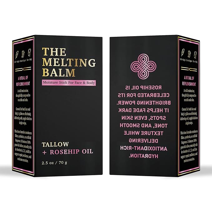 The Melting Balm - Tallow + Rosehip Oil Moisture Stick for Face & Body | 100% Grass Fed Tallow Balm | Clean Solid Moisturizer for Dry Sensitive Skin | Instant Relief & Continuous Recovery | 2.5 oz