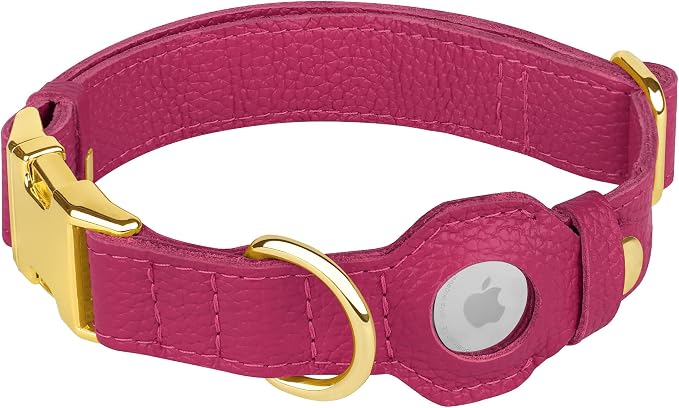 Leather Airtag Dog Collar - Soft Tracking Dog Collar with Apple AirTag Holder and Metal Buckle - Safety GPS Pet Collars for Small Medium Large Dogs Puppy Pink Red (Pink, S, 12"-15" Neck Fit)