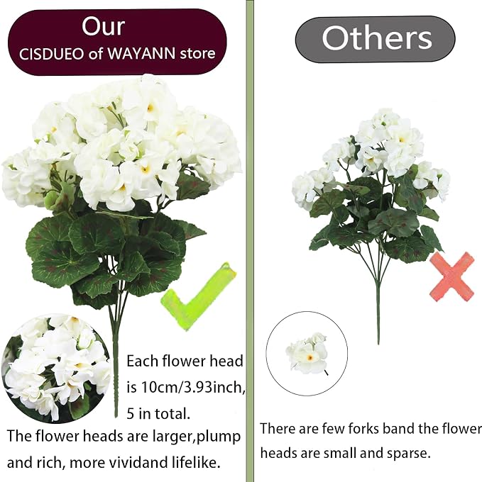 CISDUEO 4 Pcs Artificial Geraniums for Outdoors Silk Flowers Outside White | Faux Flowers Geraniums for Outdoor Planter Floral Home Decor Indoor Garden Patio Grave Cemetary Vase Table Centerpiece