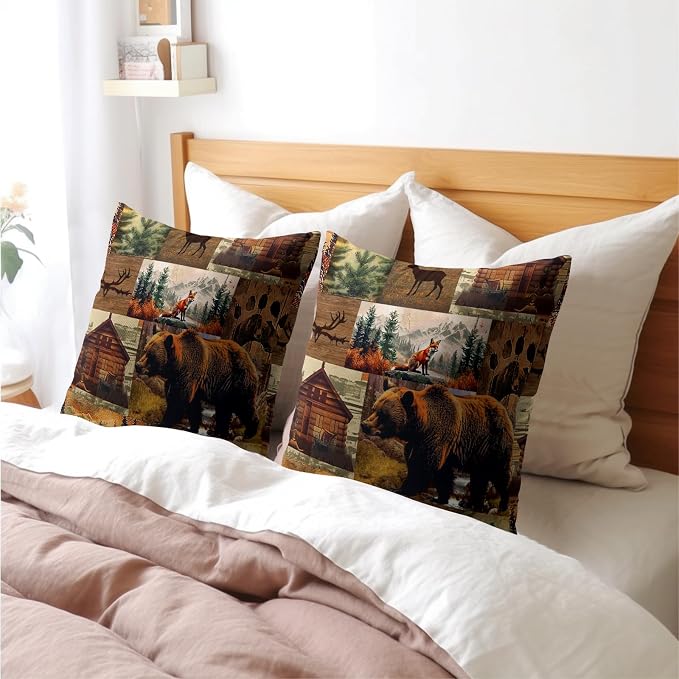 Kawani Cabin Bear Throw Pillow Covers 16x16 Inches - Set of 2 Rustic Lodge Wild Animals Deer Cotton Linen Square Decorative Pillowcase Cushion Case for Couch Home Living Room Decor