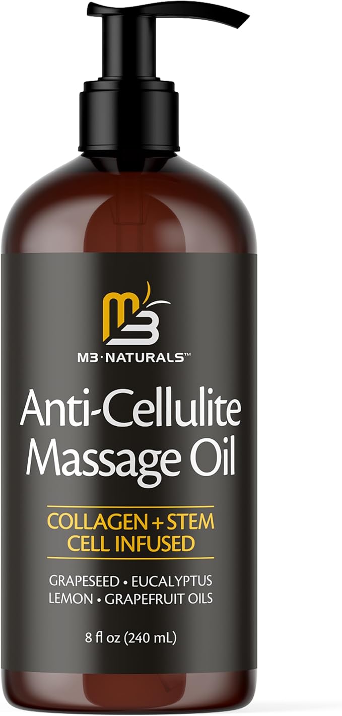 Anti Cellulite Massage Oil and Silicone Body Brush – Collagen and Stem Cell Skin Tightening Formula for Smoothing and Firming, 8 fl oz by M3 Naturals