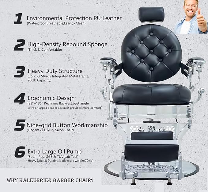 Kaleurrier Salon Chair Height Adjustable - Reclining Barber Chair - Professional Hair Styling Chairs for Barbershop Home Beauty Tattoo Massage - Salon Furniture Equipment Black