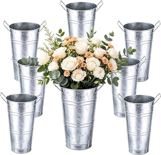 8 Pack Galvanized Metal Flower Buckets, 10 Inch French Country Style Decor Planter Rustic Vintage Tin Vase with Handle Farmhouse Style Floral Container Wedding Table