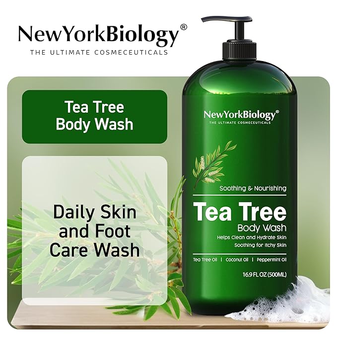 New York Biology Tea Tree Body Wash for Men and Women - Moisturizing Body Wash Helps Soothe the Skin - Refreshing and Hydrating Cleanser for Body and Feet - 16.9 Fl Oz