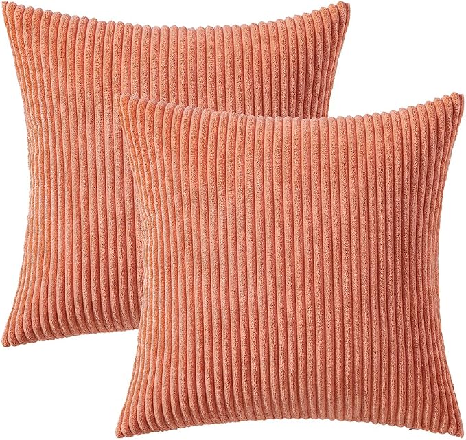 MIULEE Decorative Corduroy Throw Pillow Covers Set of 2 16x16 Coral Red | Soft Striped Textured Cushion Cases, Boho Square Lovely Cute Pillowcases, Home Decor for Couch Chair Sofa Bed Living Room