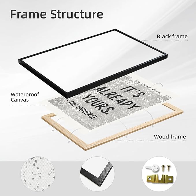 Framed Black And White Retro Newspaper Wall Art Motivational Office Decor | ItS Already Yours Universe Quote Poster Trendy Positive Inspirational Canvas Print for Bedroom Apartment Dorm 8x12inch