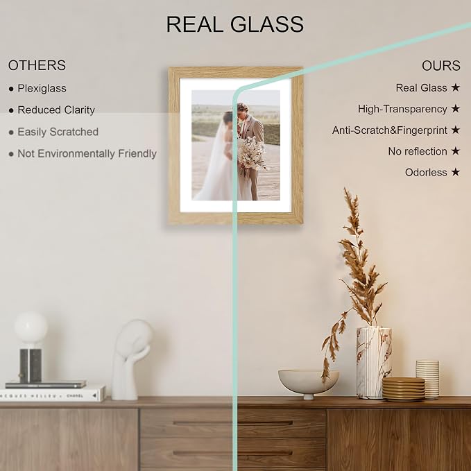 Hongkee 10x12 Picture Frame Set of 4, Made of Real Glass and Natural Oak Frame - Display Picture 8x10 with Mat or 10x12 Without Mat, 10 by 12 Photo for Wall Mounting