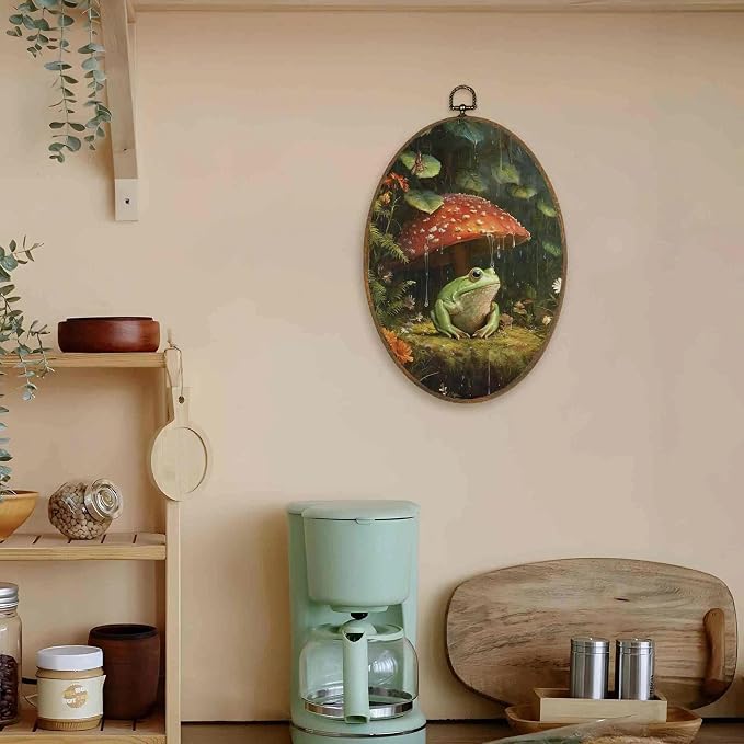 LKETW Dark Cottagecore Frog Mushroom Oval Wall Art Decor, Vintage Whimsical Oval Canvas Hanging Decor, Moody Botanical Frog Mushroom Wall Decorations for Home Bedroom Living Room, 8.6x11.4 Inch
