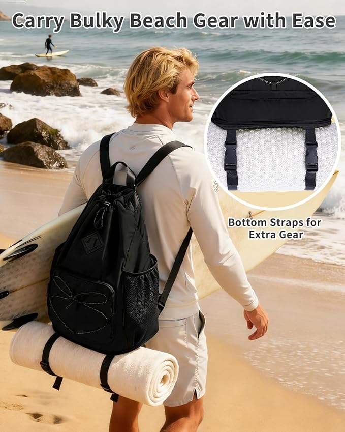 WANDF Drawstring Backpack with Removable Wet Pocket, Sandproof Beach Backpack with Bottom Compression Strap for Beach Mat, Swim Bag for Pool, Gym, Travel and Workout Gear (Black)