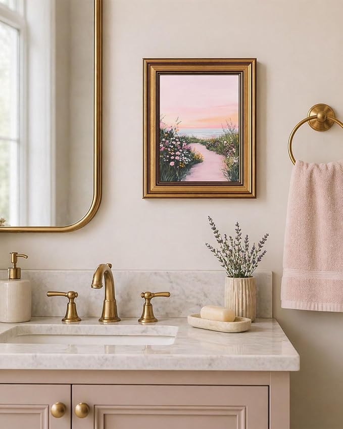 Gold Framed Wall Art, Pink Coastal Seascape Canvas Prints, Pink Sky Beach Wildflower Landscape Picture Wall Decor, Dreamy Beachy Aesthetic Artwork for Living Room Bedroom 12x16 inch