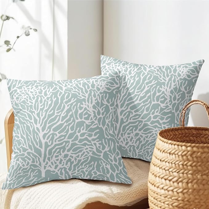 Nautical Coastal Coral Pillow Covers 24x24 Inch Set of 2 Summer Ocean Beach Seafoam Blue Decorative Pillow Cases Outdoor Linen Cushion Cover Farmhouse Decor for Bedroom Home Sofa Couch Bed