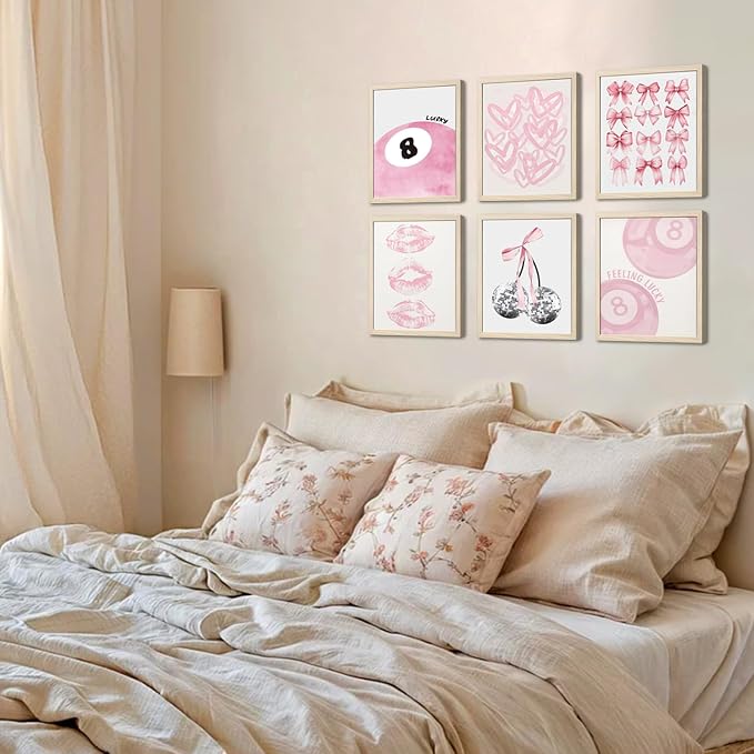 Cute Pink Girl Poster Set of 6, Light Pink Coquette Wall Art Trendy Lucky 8 Ball Wall Decor Paintings Pastel College Apartment Bedroom Living Room Dorm 12x16 inch Unframed