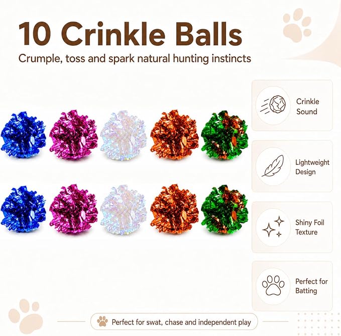 Cat Toys for Indoor Cats, 10 Crinkle Balls & 24 Colorful Springs