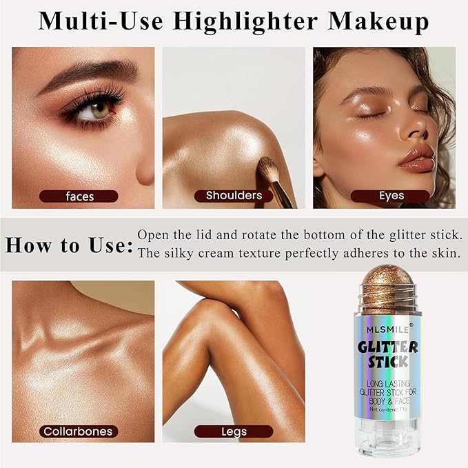 Brown Body Glitter Stick, Multi-Use Highlighter Makeup, Long Lasting Glitter Stick for Body & Face Eyes Lip, Glitter Sparkling Mermaid Sequins for Women, Great for Daily, Festival, Party