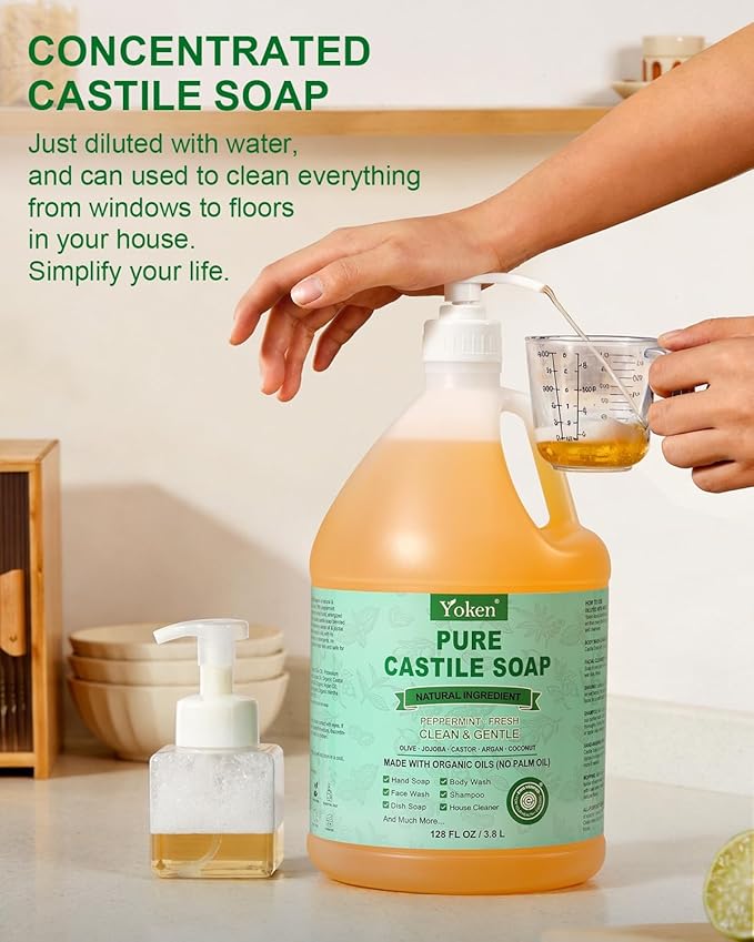 Yoken EWG Verified Peppermint Castile Soap Liquid, 1 Gallon Bulk Size, Made with Certified Organic Oils, Gentle Peppermint Soap for Body Wash, Hands, Dishes, Laundry & More, Natural Versatile Cleanser