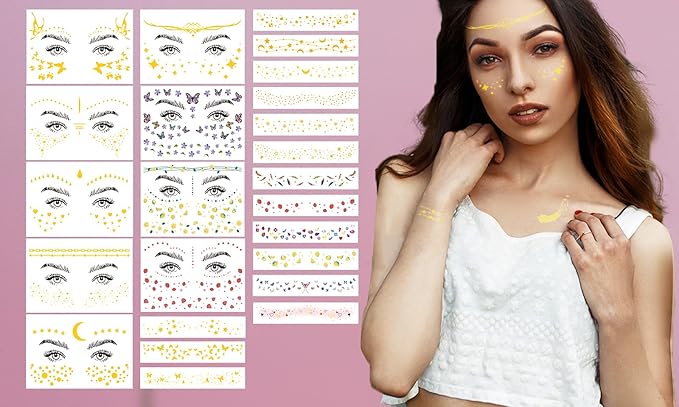 54 Sheets Gold Glitter Freckles Face Tattoo, 150+ Pcs Halloween Face Glitter Temporary Tattoo Stickers, Sparkle Freckles Metallic Face Gems, Faux Freckles Cute Glitter Makeup Accessories For Women