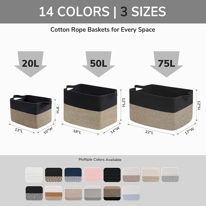 Goodpick Woven Storage Basket for Shelves, 13" x 10" x 9", Black | Stylish Gift Basket for Home Decor, Cotton Rope Baskets for Books, Toys & Towels Storage, Living Room & Bedroom Organization