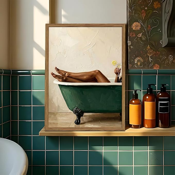 Black Woman Green Bathtub Wall Art Modern Luxury Bathroom Wall Decor Painting, Vintage Afrocentric Girl Bathroom Poster Canvas Print Picture 12x16 inch Wood Framed