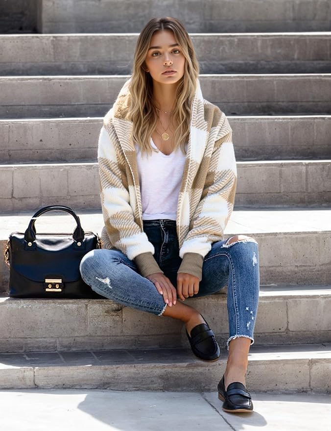 Zilcremo Women Hooded Cardigan Fuzzy Jacket Winter Open Front Fleece Coat Outwear with Pockets
