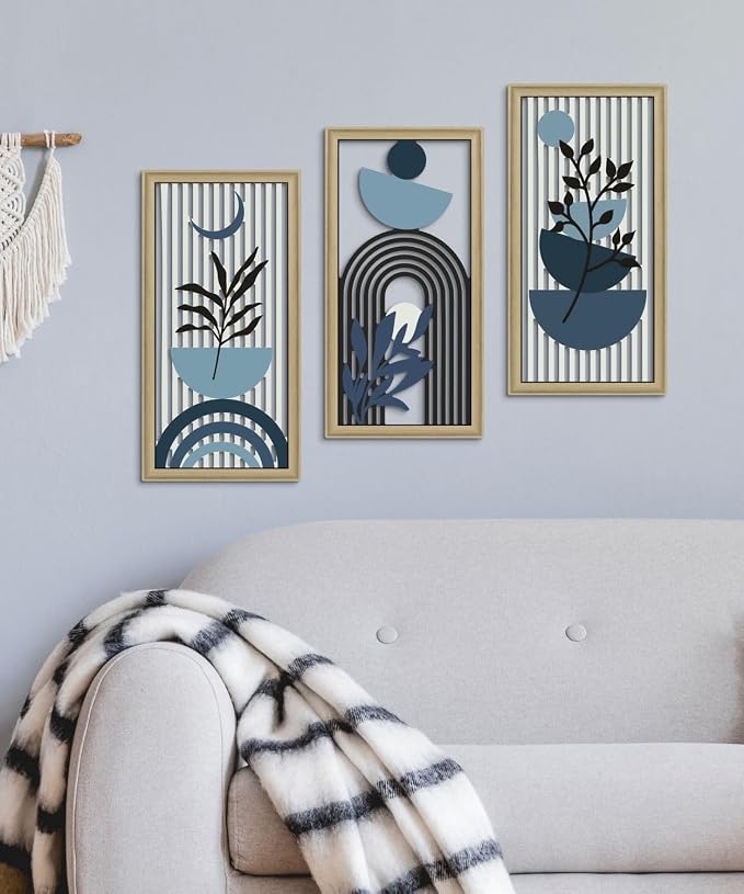 Putuo Decor Boho Abstract Wall Art, Set of 3, Modern Botanical Wooden Wall Decor, Blue Mid-Century Minimalist Framed Artwork for Living Room Bedroom, Office