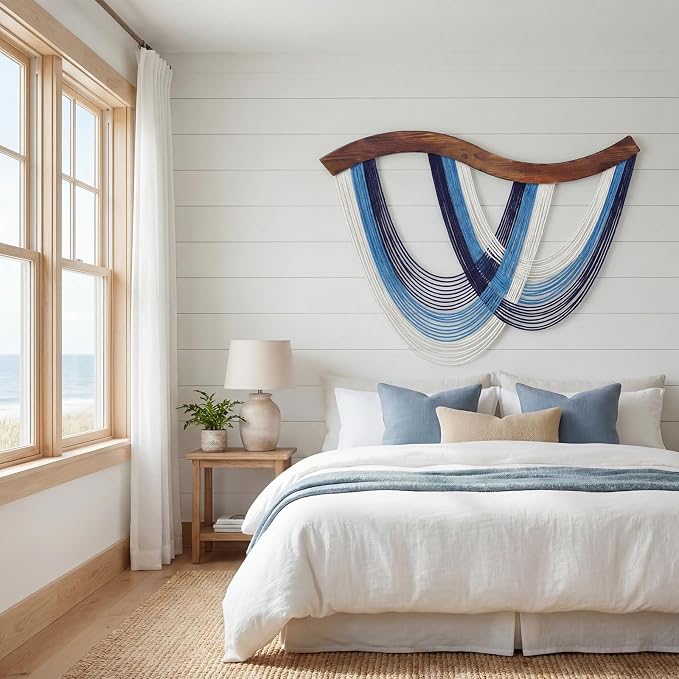 Navy Blue Macrame Wall Hanging Dip Dyed Yarn Wall Art, Modern Boho Decor | Handmade Cotton Rope Tapestry for Bedroom, Living Room, Nursery, 31.5 x 23.6 Inch