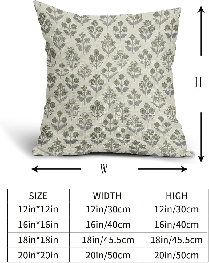 Green Grey Gray Floral Block Print Pillow Covers 18x18 Inch Set of 2, Vintage Flower Pattern Decorative Throw Pillowcases Outdoor Farmhouse Cushion Covers Spring Summer Rustic Sofa Couch Bed Decor